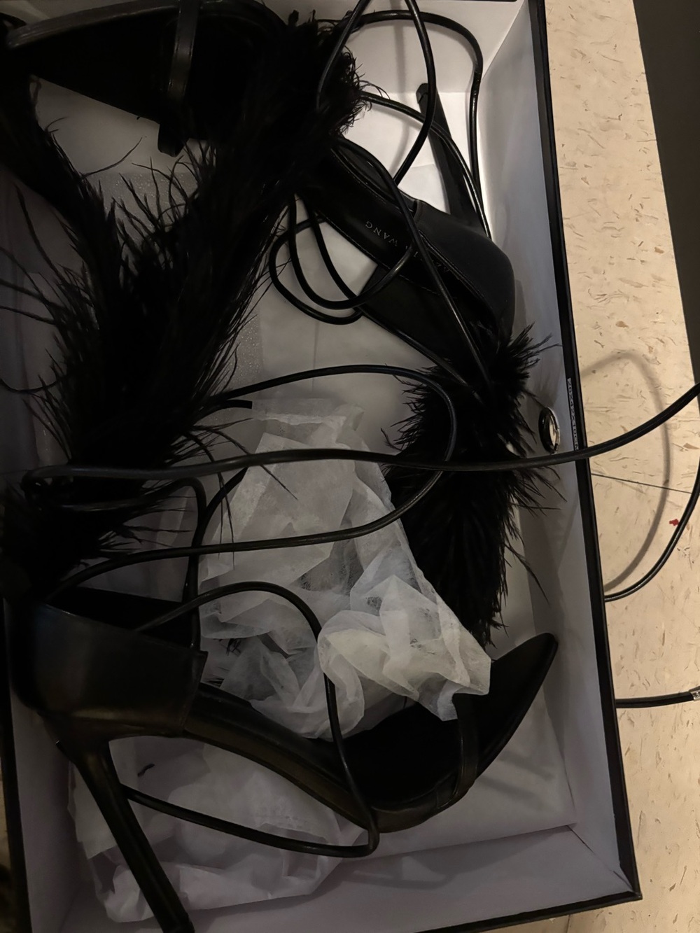 Black Feather Ankle-Tie Stiletto Sandals - Picture 4 of 6